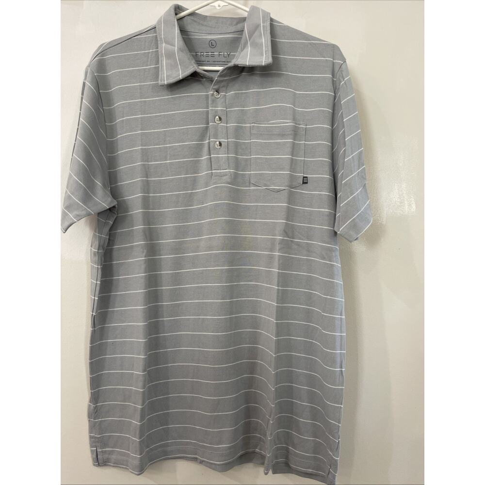 New Free Fly Men’s Bamboo Dockside‎ Polo Gray Stripe Golf Performance Size Large